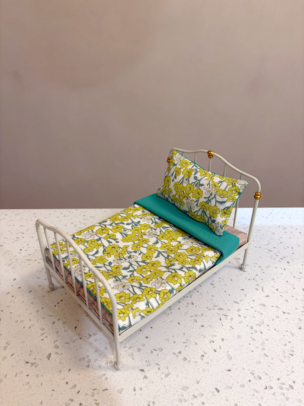Handmade 1:12 Scale Yellow Floral Liberty Dollhouse Bedding Set | Miniature Quilt & Pillow | Fits Maileg Mouse Vintage Double Bed