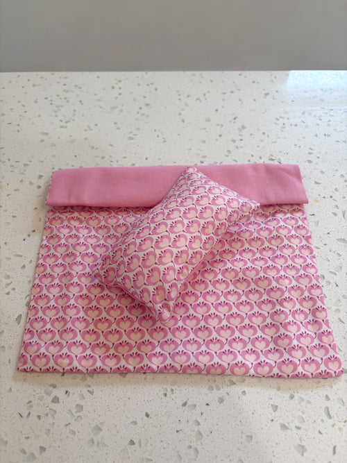 Handmade 1:12 Scale Liberty Fabric Bedding Set for Maileg Mouse Vintage Double Bed | Pink Heart Print | Miniature Dollhouse Bedding