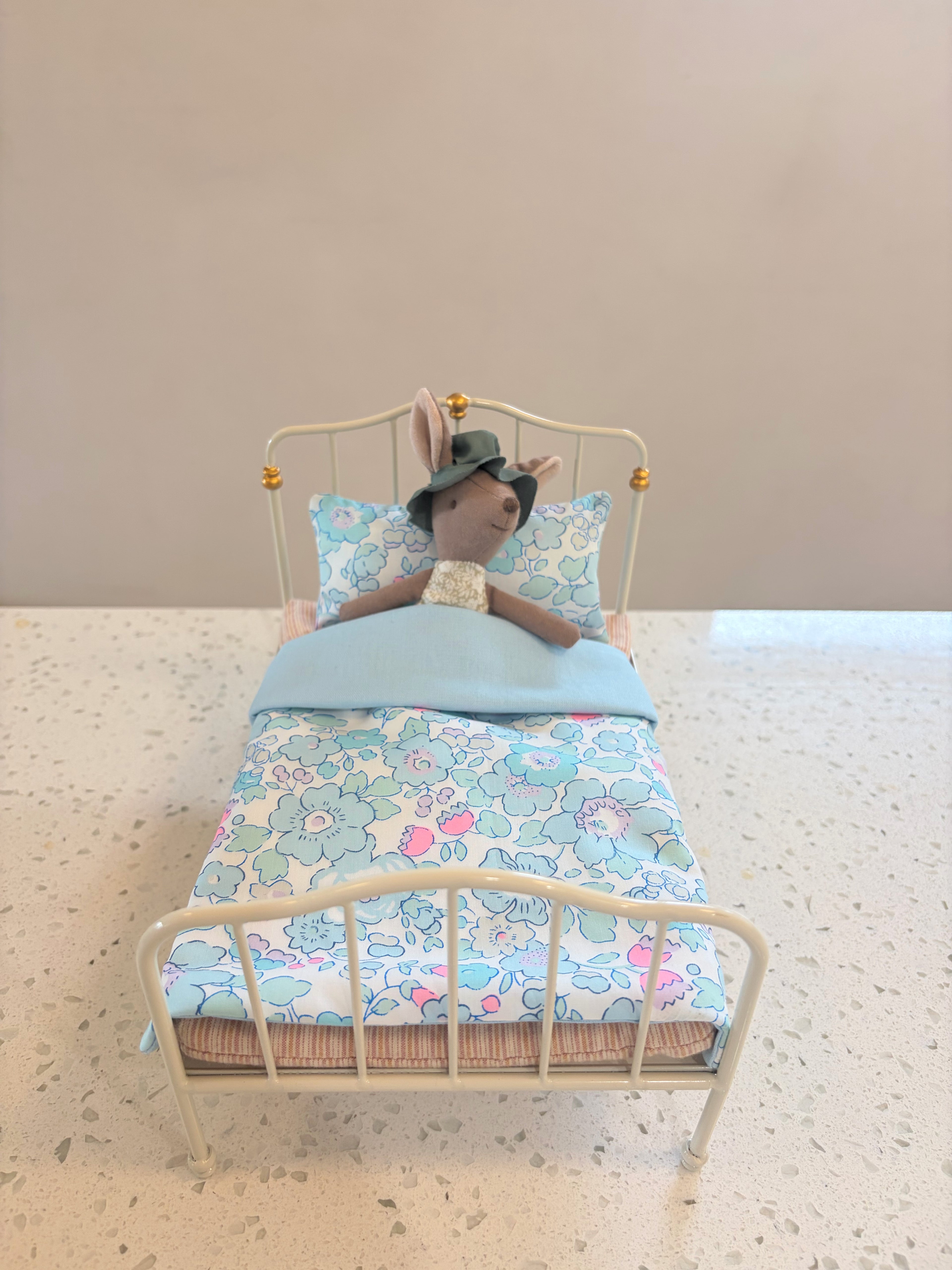 Handmade 1:12 Scale Liberty Betsy Blue Bedding Set for Maileg Mouse Vintage Double Bed | Miniature Dollhouse Bedding