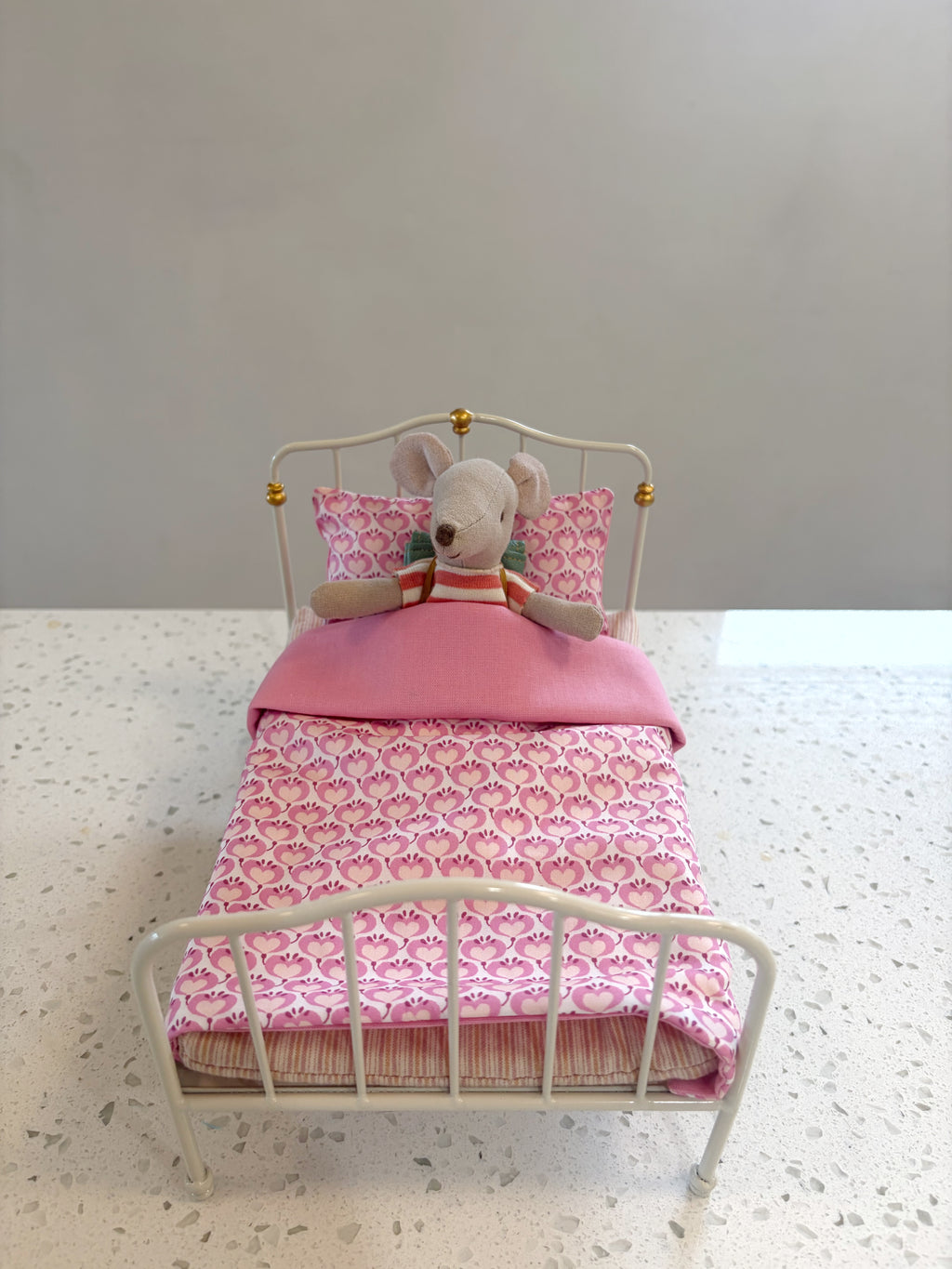 Handmade 1:12 Scale Liberty Fabric Bedding Set for Maileg Mouse Vintage Double Bed | Pink Heart Print | Miniature Dollhouse Bedding