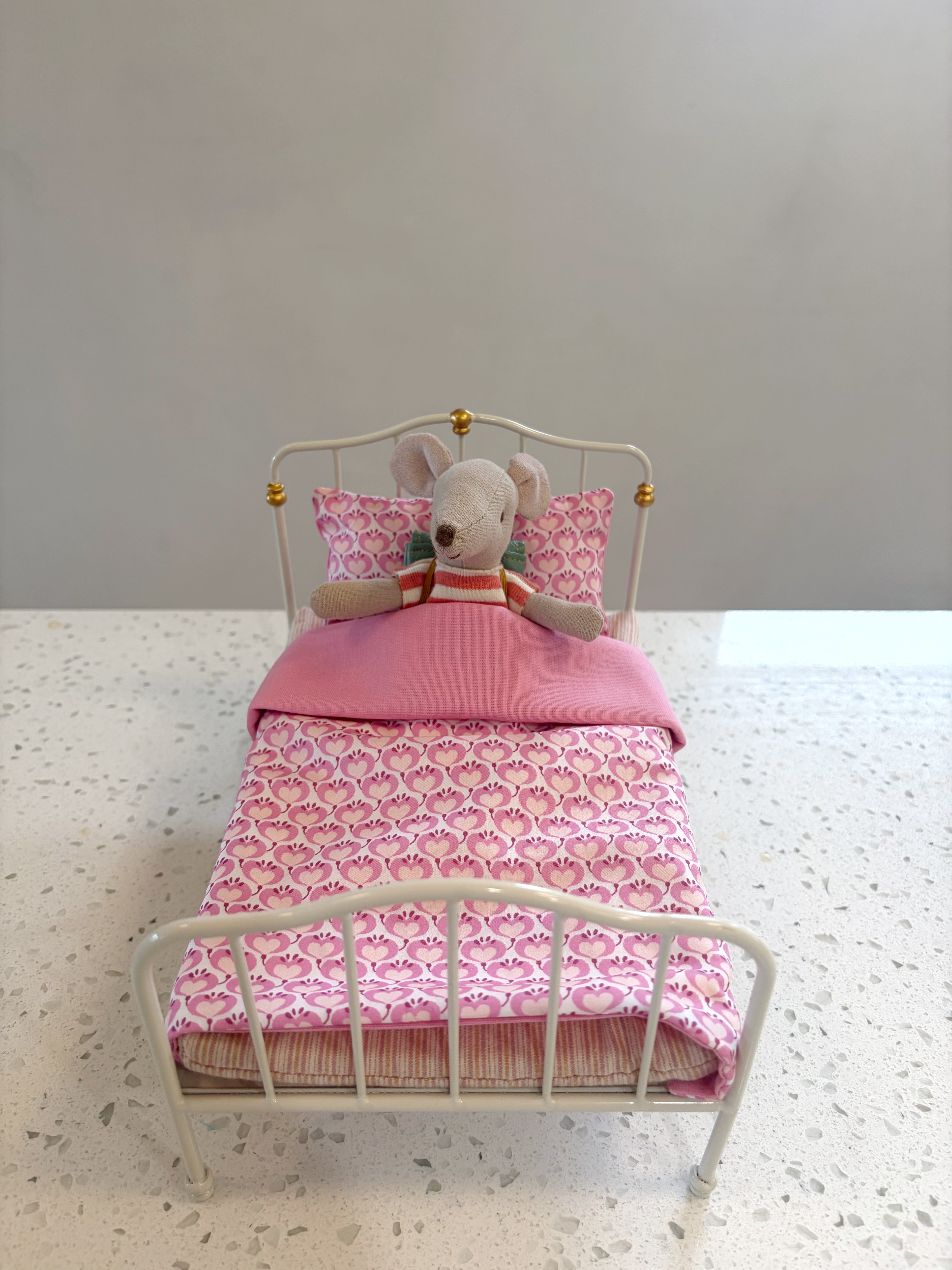 Handmade 1:12 Scale Liberty Fabric Bedding Set for Maileg Mouse Vintage Double Bed | Pink Heart Print | Miniature Dollhouse Bedding